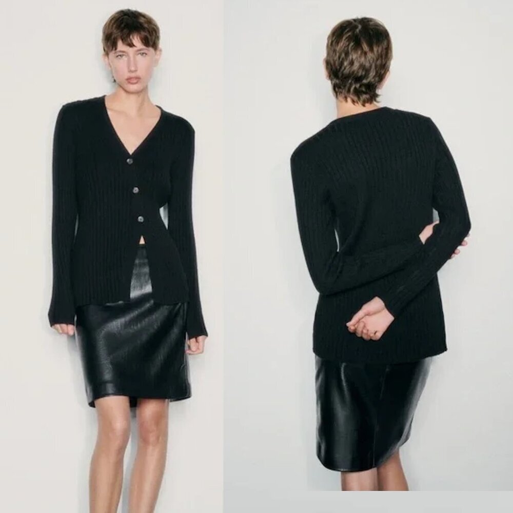NWT New Zara Wool Blend Knit Diagonal Closure Black Cardigan Size L